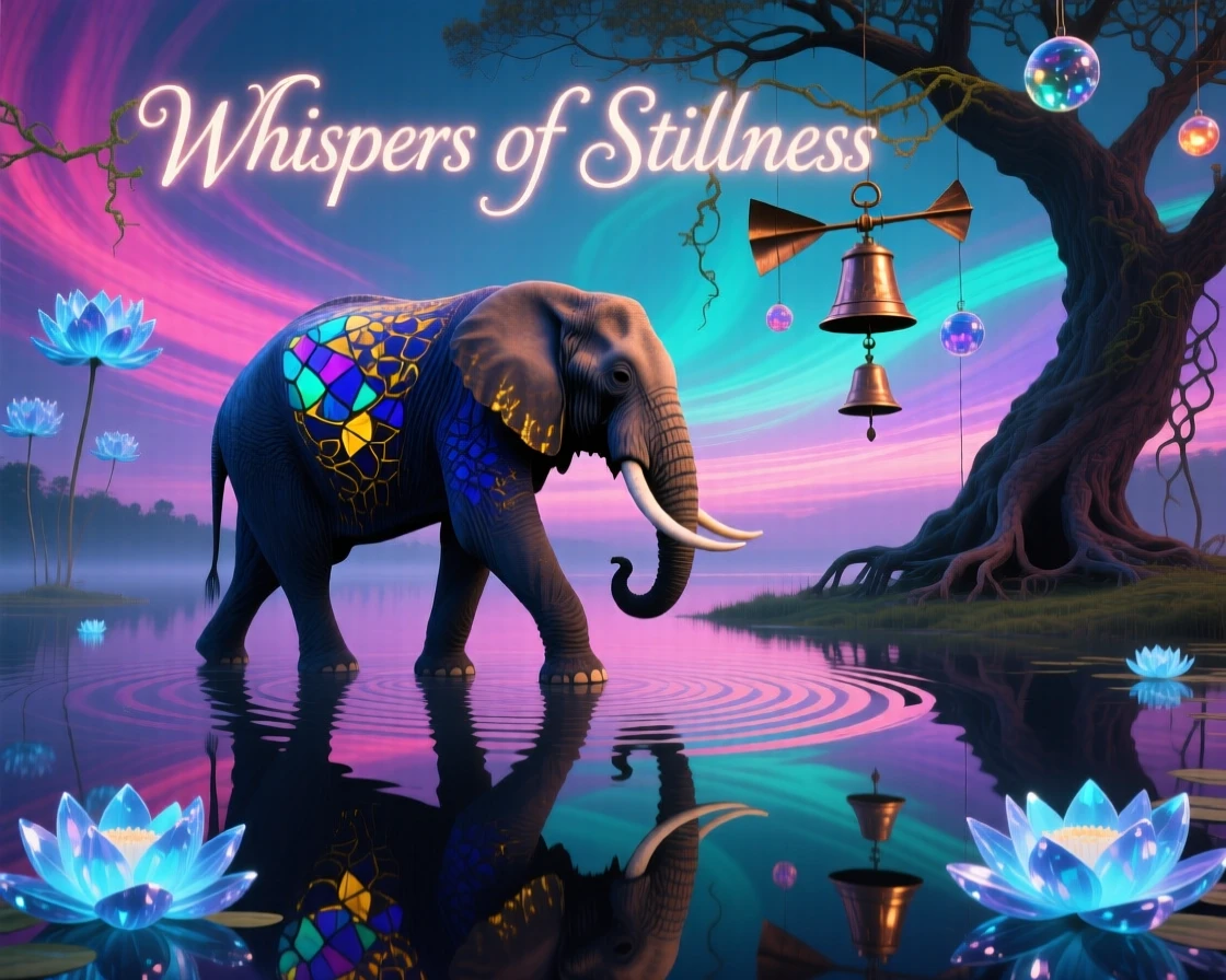 An elephant walking calmly across the surface of a still lake pauses quietly at the edge of a still and glassy lake, while distant chimes seem to echo with each small movement.