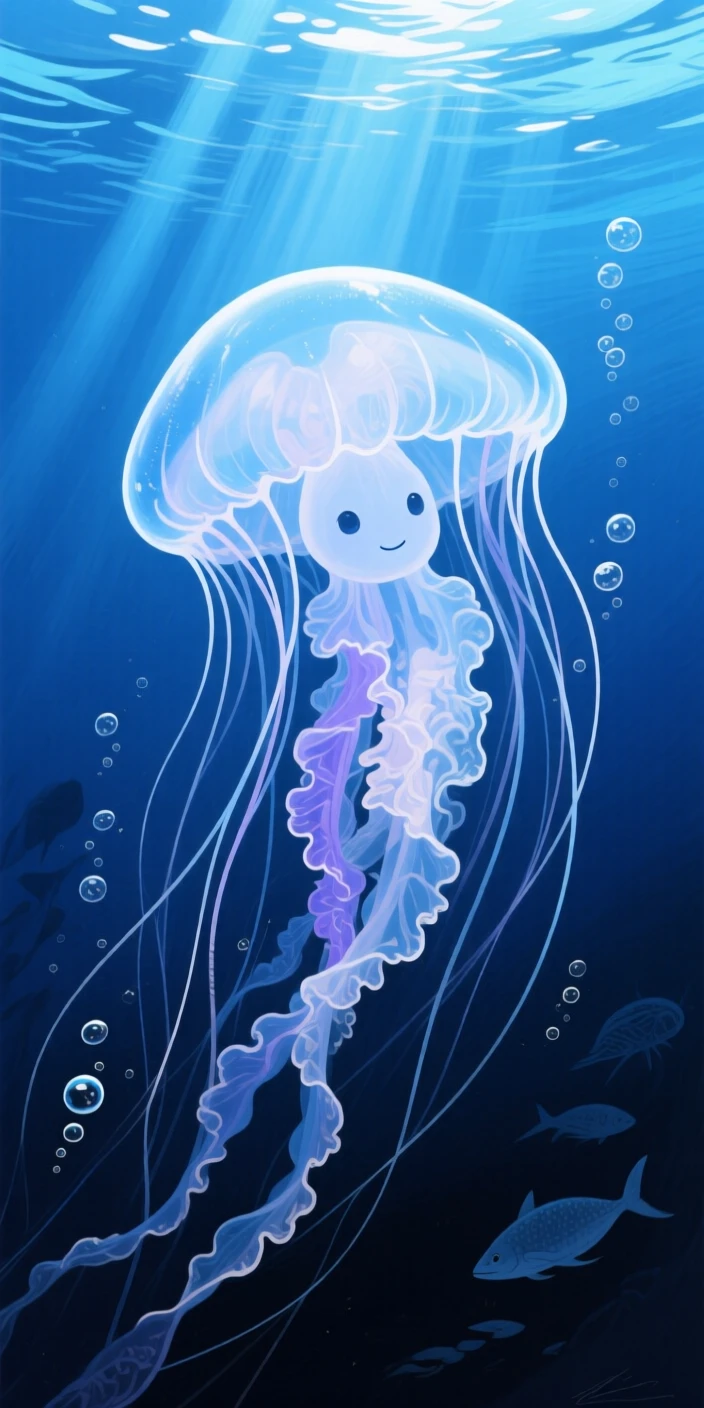 A ghostly jellyfish pulses gently through deep blue water, its translucent bell catching filtered sunlight as long tentacles trail gracefully behind, its expression conveying a quiet intelligence as it surveys the world around it.