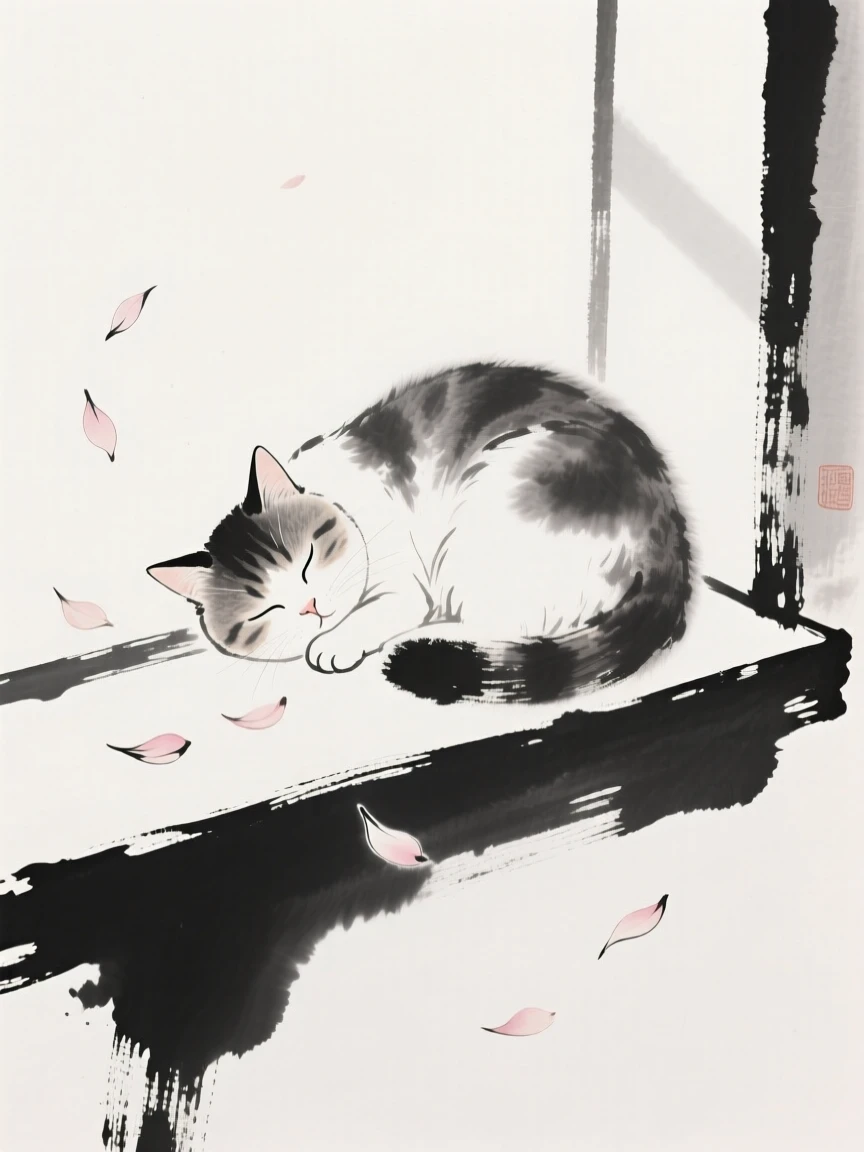 A small cat naps curled on a sunlit windowsill, as petals drift down around it.