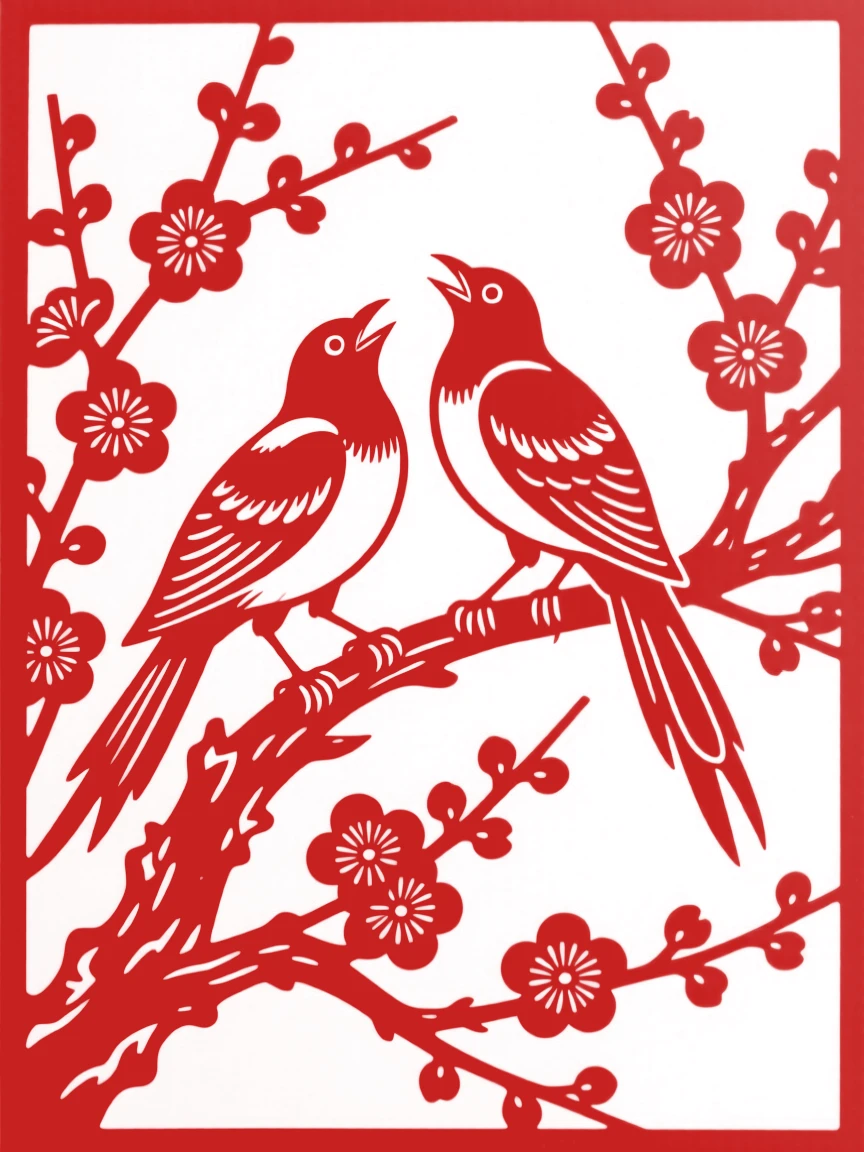 A pair of magpies perched on a plum branch heavy with blossoms, heralding good news with open beaks