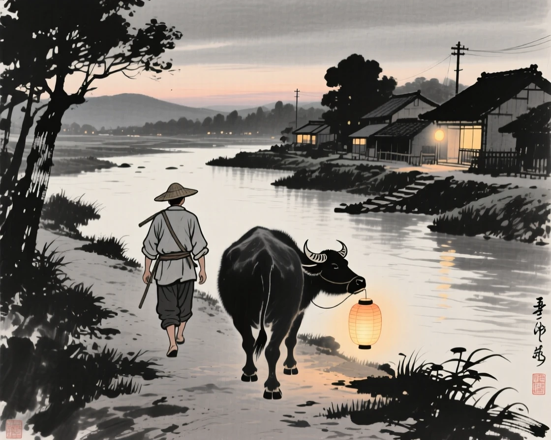 A farmer and his ox walking home along a lantern-lit path in a small riverside village, seen from behind, gazing out toward the horizon, capturing an everyday moment full of gentle humanity.