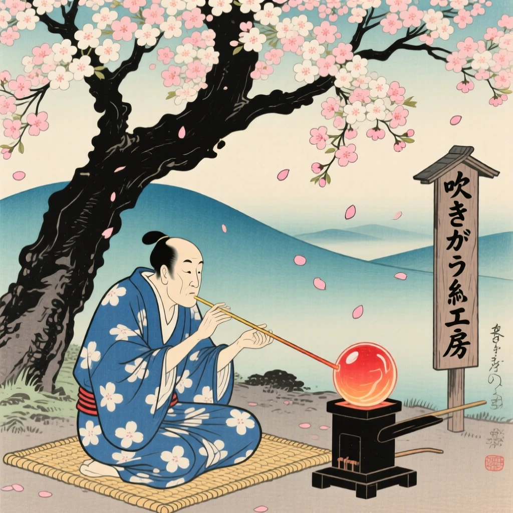 A glassblower playing beneath a blossoming tree.