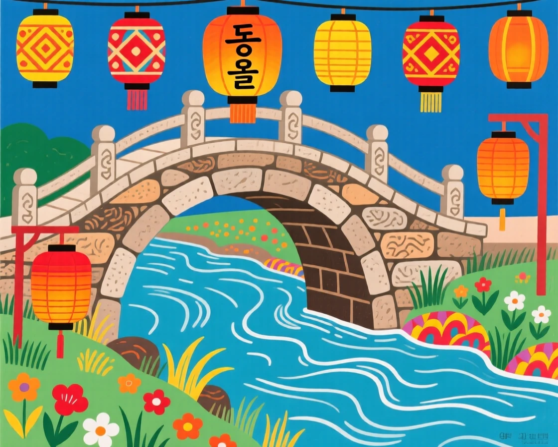A stone bridge arching over a quiet stream as lanterns are lit for the evening.