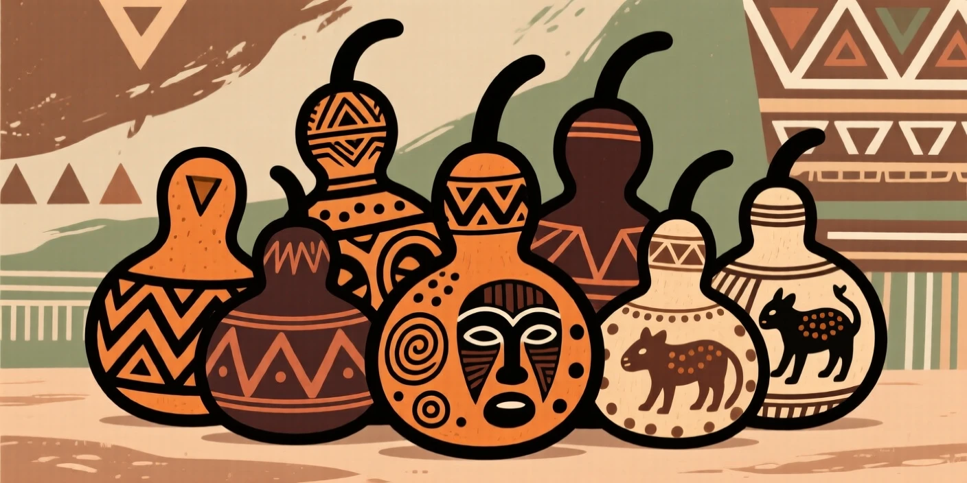 A cluster of calabashes painted with intricate designs.