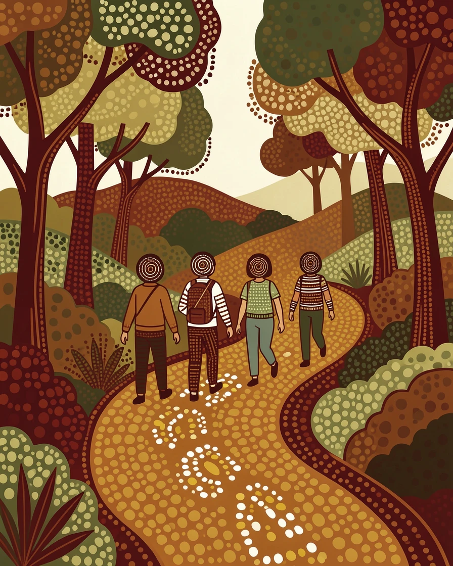 A group of friends hiking a forest trail