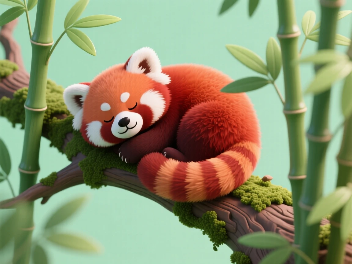 A fluffy red panda curled up asleep on a mossy tree branch, its striped tail wrapped around its face, surrounded by bamboo leaves.