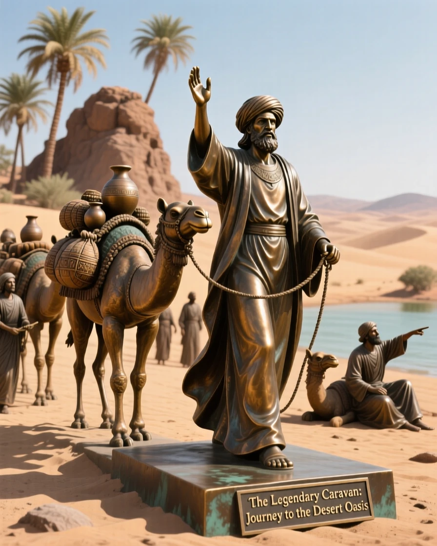An ancient trade caravan arriving at a desert oasis, with a strong sense of narrative and history, evoking legend and timeless drama