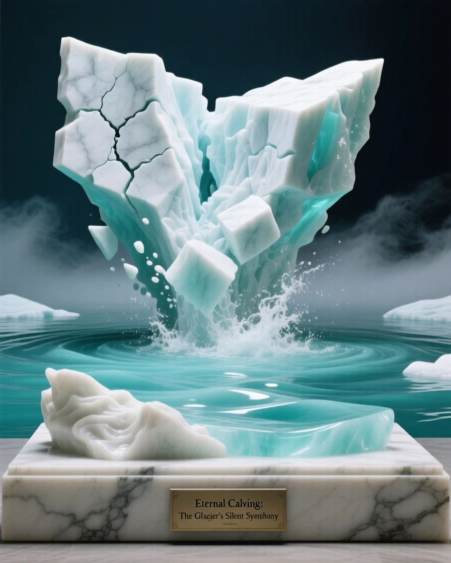 A breathtaking view of a glacier calving into turquoise water, rich with color and atmosphere, evoking peace and wonder