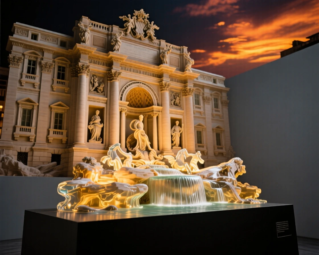 The Trevi Fountain glowing at night, viewed from a dramatic low angle under a vivid sunset sky, warm golden light highlighting every architectural detail, awe-inspiring and grand.