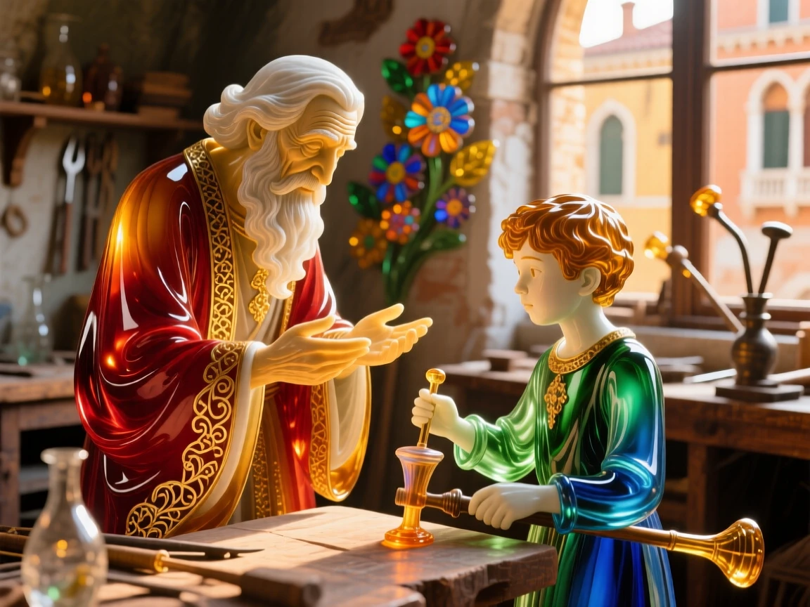 A wise elder teaching a young apprentice an ancient craft in a sunlit workshop, respectful and instructive.