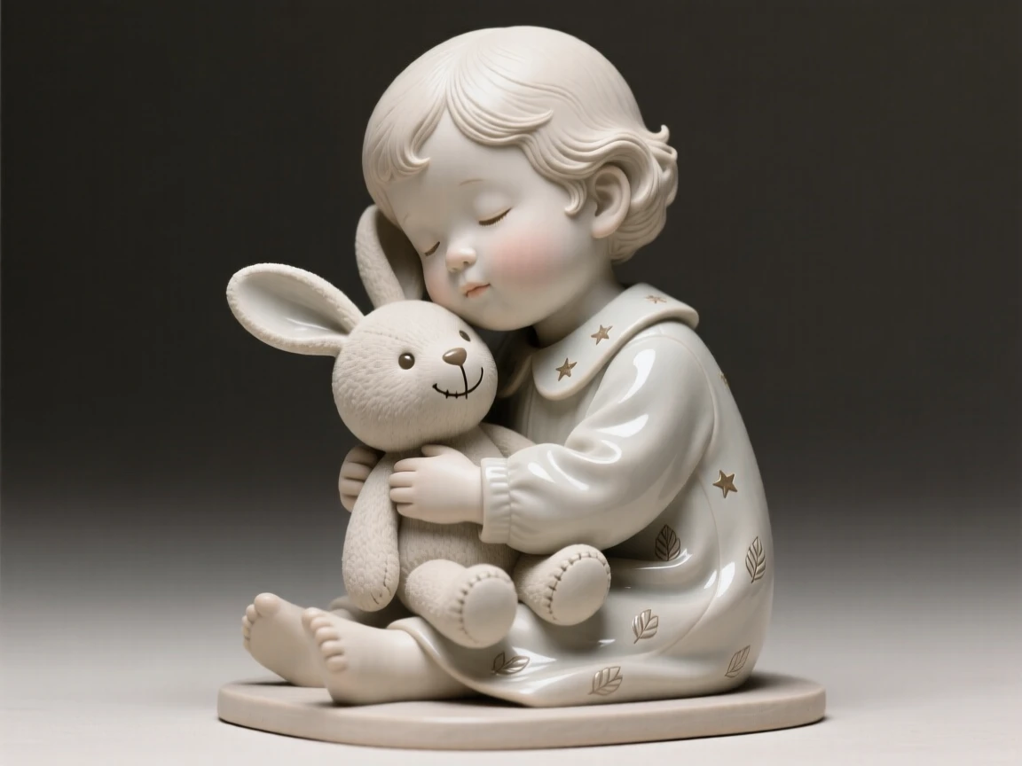 A child hugging a beloved stuffed animal gazing softly into the distance, adorned with simple, elegant ornamentation, filling the scene with joy and gentle wonder.