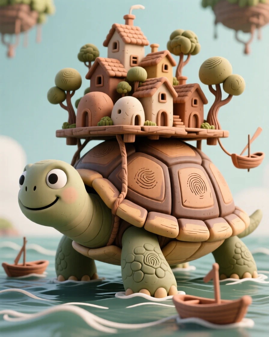 A giant tortoise carrying an entire floating village on its back