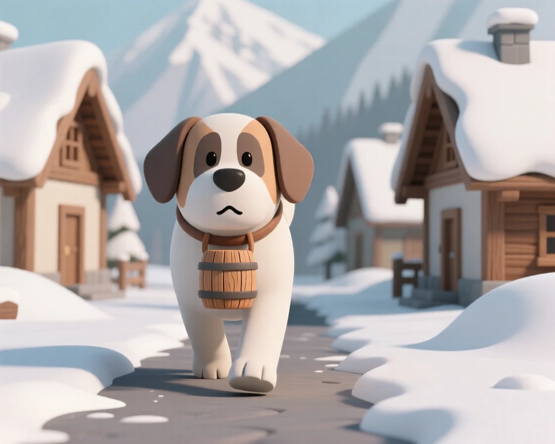 A gentle St. Bernard dog carries a small wooden barrel around its neck through a snowy alpine village.