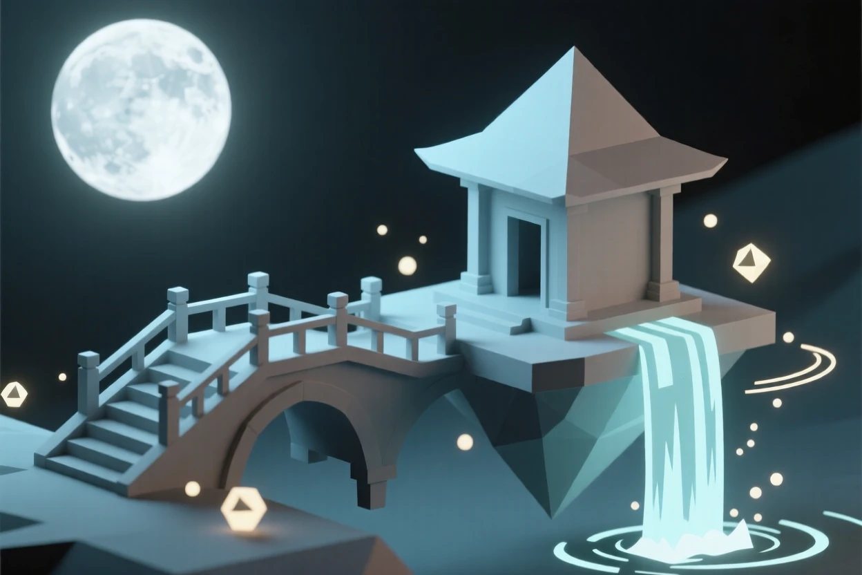 A moonlit bridge leading to a floating temple, beside a waterfall that glows with soft light. swirling particles of light drift through the air. The mood is mysterious yet inviting.