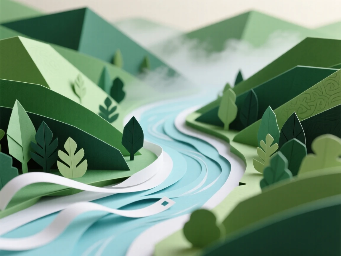 A winding river through a lush valley in soft drifting morning mist, with mist curling low across the water, conveying quiet wonder and stillness.