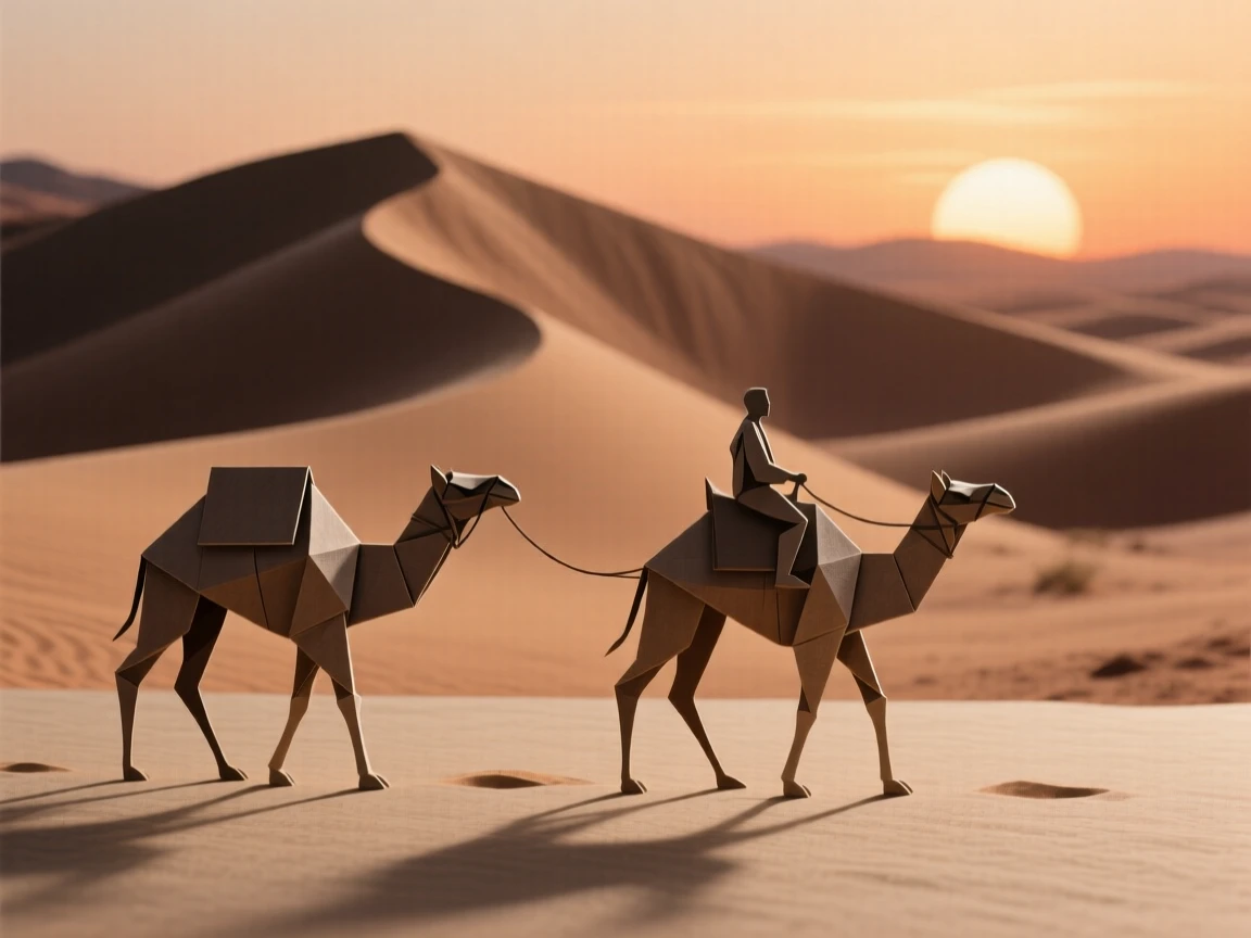 A camel trek silhouetted against the dunes of Wadi Rum at sunset.