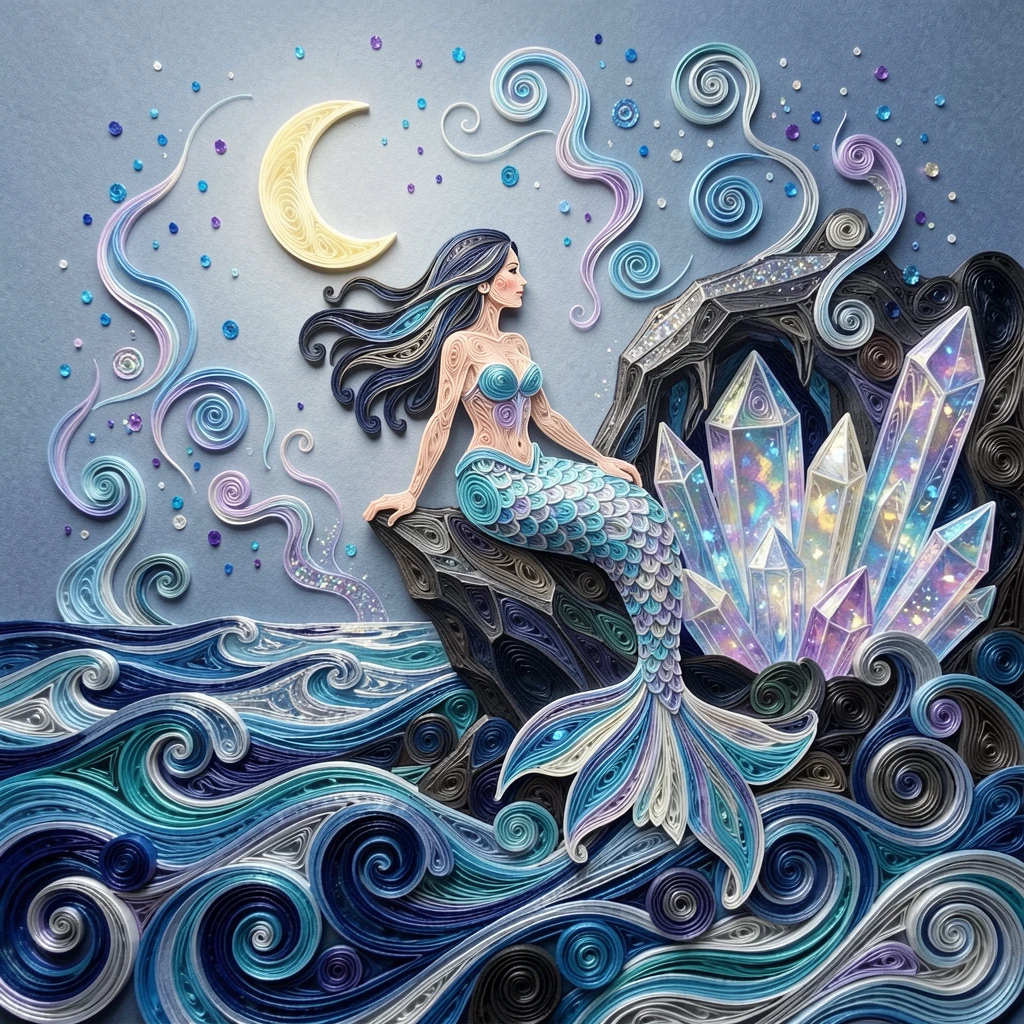 A magical fantasy scene of a mermaid perched on a rock beside a moonlit sea within a crystal grotto glowing from within, with delicate wisps of magical mist curling upward, composed with swirling magical particles filling the air.