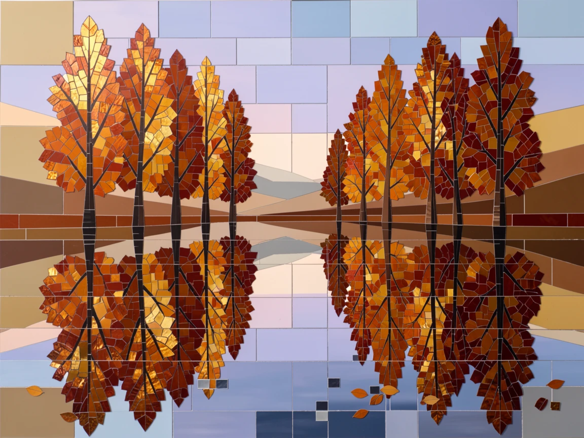 A peaceful lake surrounded by autumn-colored trees mirrored in the water.