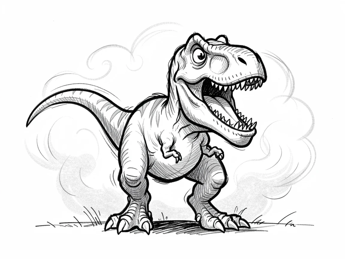 A T-rex with a surprisingly friendly grin in a foggy prehistoric morning.
