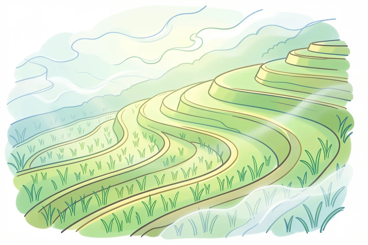 A traditional Balinese rice terrace glowing green under a soft morning mist.