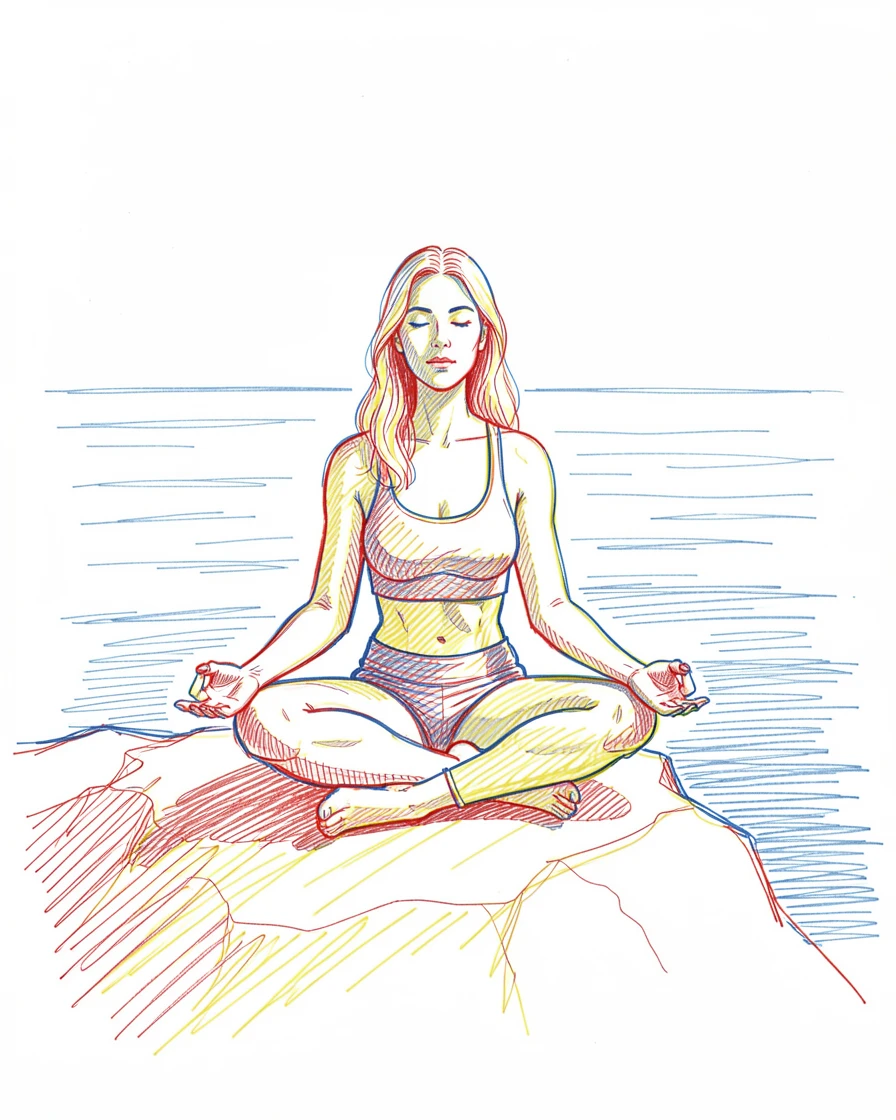 A woman meditating cross-legged on a cliffside overlooking the ocean