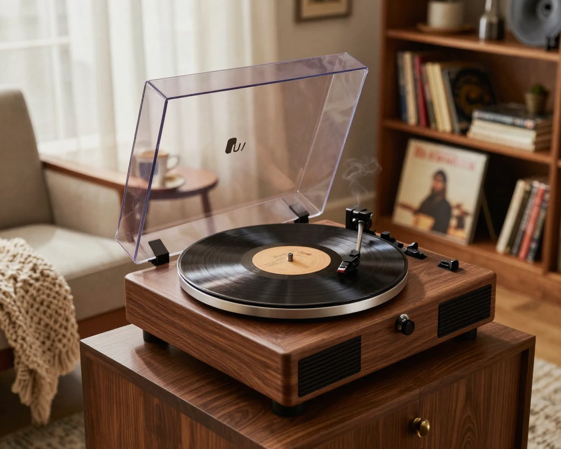 A vintage record player spinning in a cozy apartment