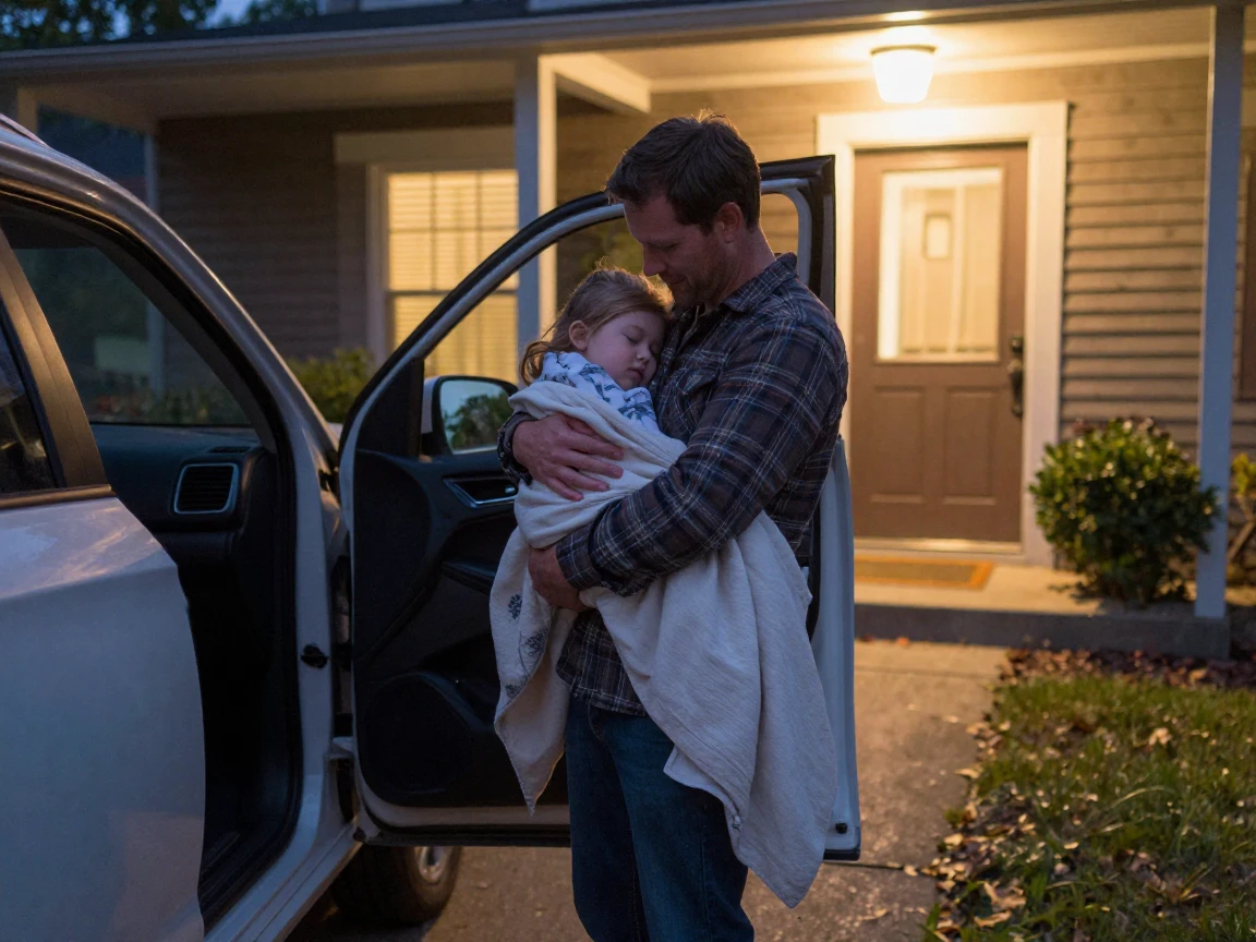 A father carries his sleeping daughter from the car into the house at night.