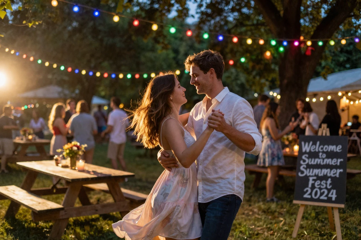 A young couple dancing together at an outdoor celebration beneath strings of colorful festival lights