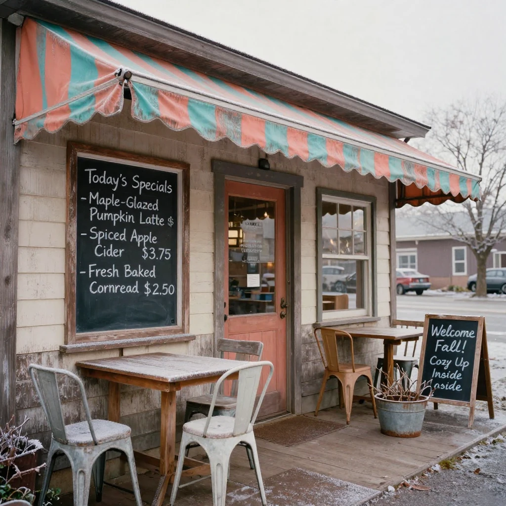 A rustic café with mismatched chairs and chalkboard menus, under a pale winter sky, with frost coating every surface, in the mild days of early autumn, in vivid coral and turquoise hues, from a wide establishing view.