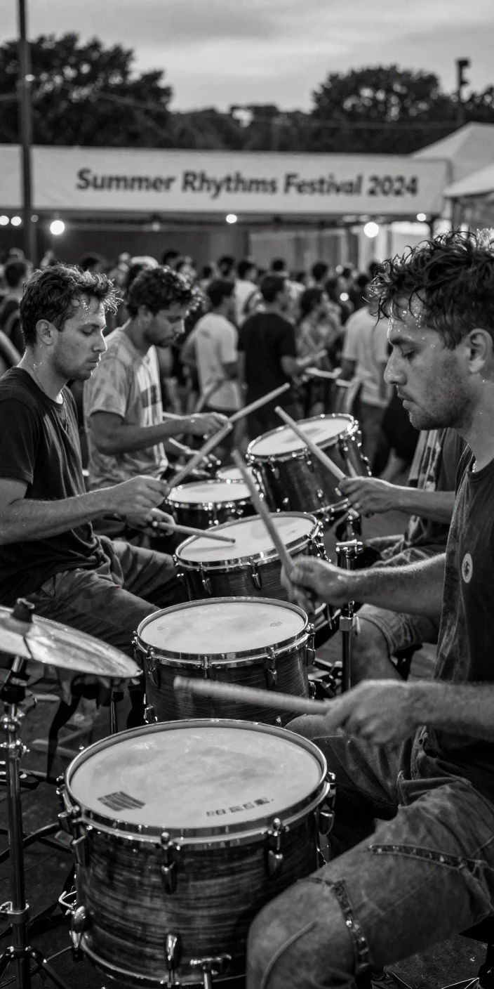 A group of drummers pounds out a thunderous rhythm at an open-air concert venue.