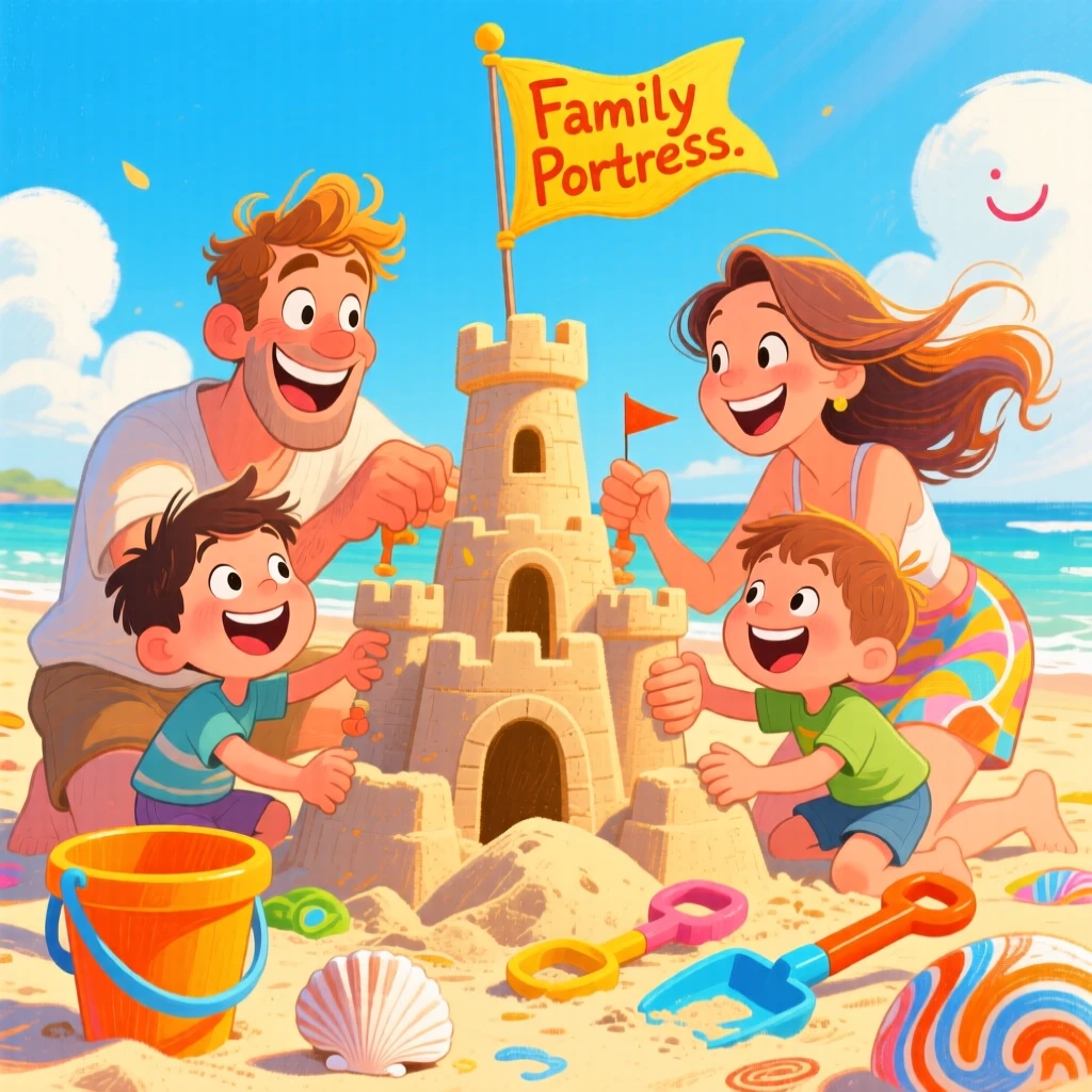 A family building sandcastles together on a sunny beach vacation.
