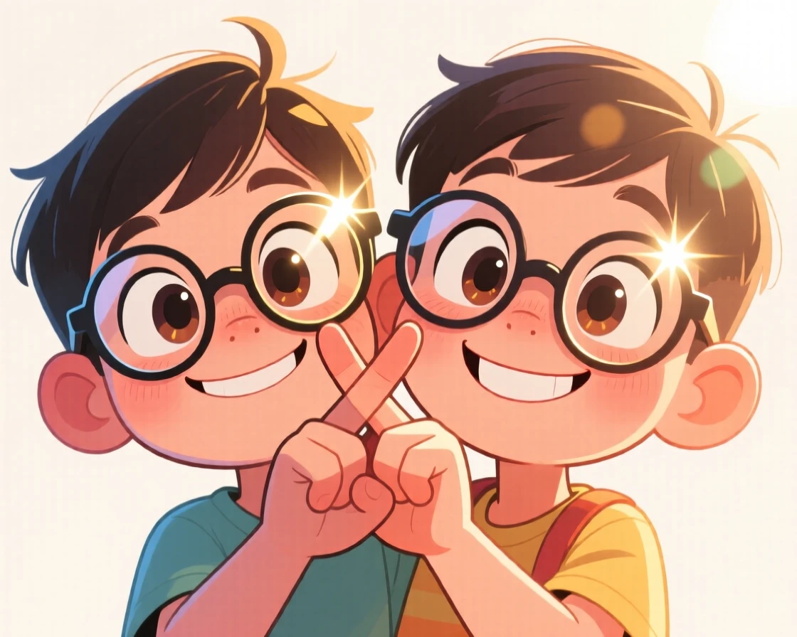 A charming portrait of a mischievous twin, peeking mischievously from behind crossed fingers, with sunlight glinting off their glasses.