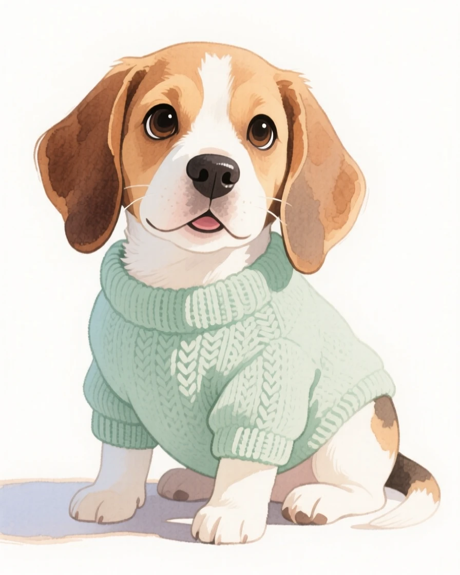A playful beagle puppy wearing a tiny knit sweater