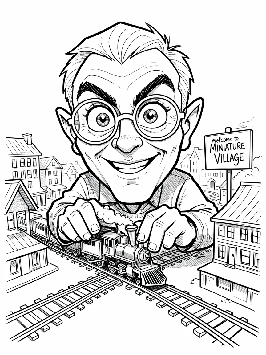 [Occupations & Hobbies] Detailed scene of a devoted model train enthusiast running a tiny locomotive through a miniature town, showcasing skill and dedication