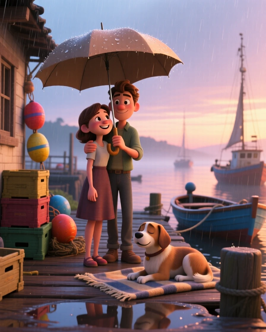 A young couple sharing an umbrella in light rain is captured at a small fishing harbor at dawn, with a friendly dog resting nearby. A quiet, wholesome charm lingers over the moment.