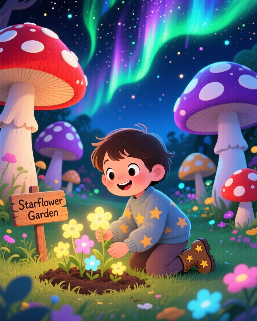 A star-catching child is planting a garden of glowing flowers in a garden of giant mushrooms, as the northern lights ripple overhead.