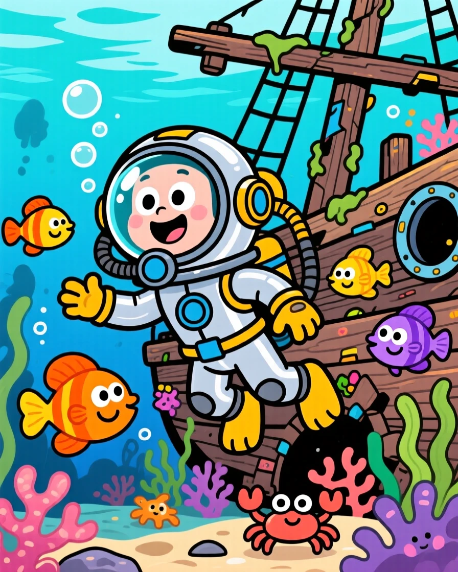 A diver exploring a sunken shipwreck surrounded by fish.