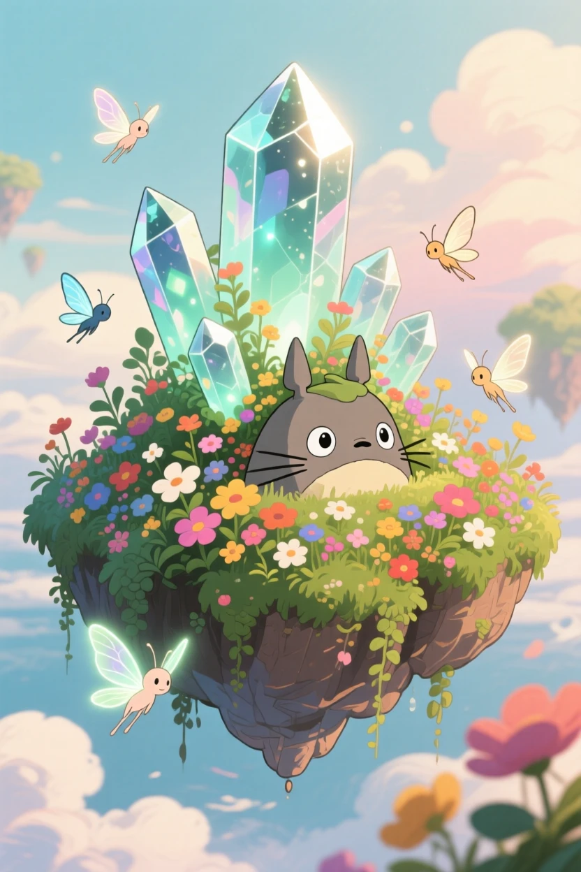 A floating island held aloft by glowing crystals, where tiny winged spirits darting between the flowers can be seen nearby, the atmosphere dreamlike and inviting.