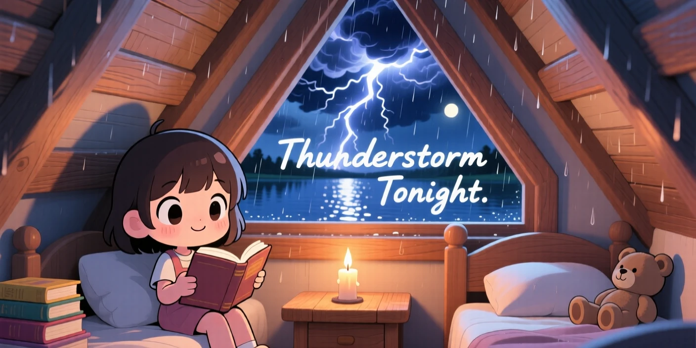 Dynamic diagonal composition of a young girl, reading by candlelight during a thunderstorm, in a snug attic bedroom, under a clear summer sky, illuminated by shimmering reflected light off water, radiating sleepy relaxation.