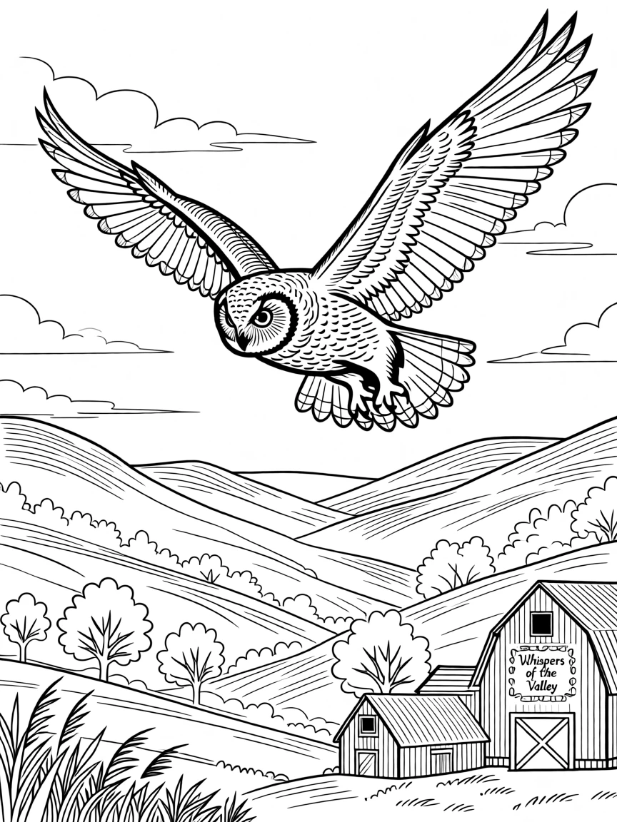A barn owl circling high above a misty valley, with intricate fur patterns and alert eyes.