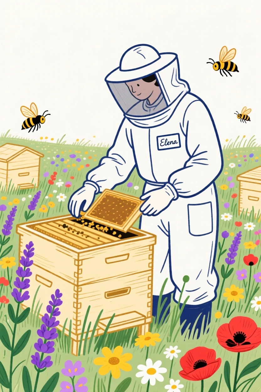 A beekeeper tending to hives in a wildflower field.