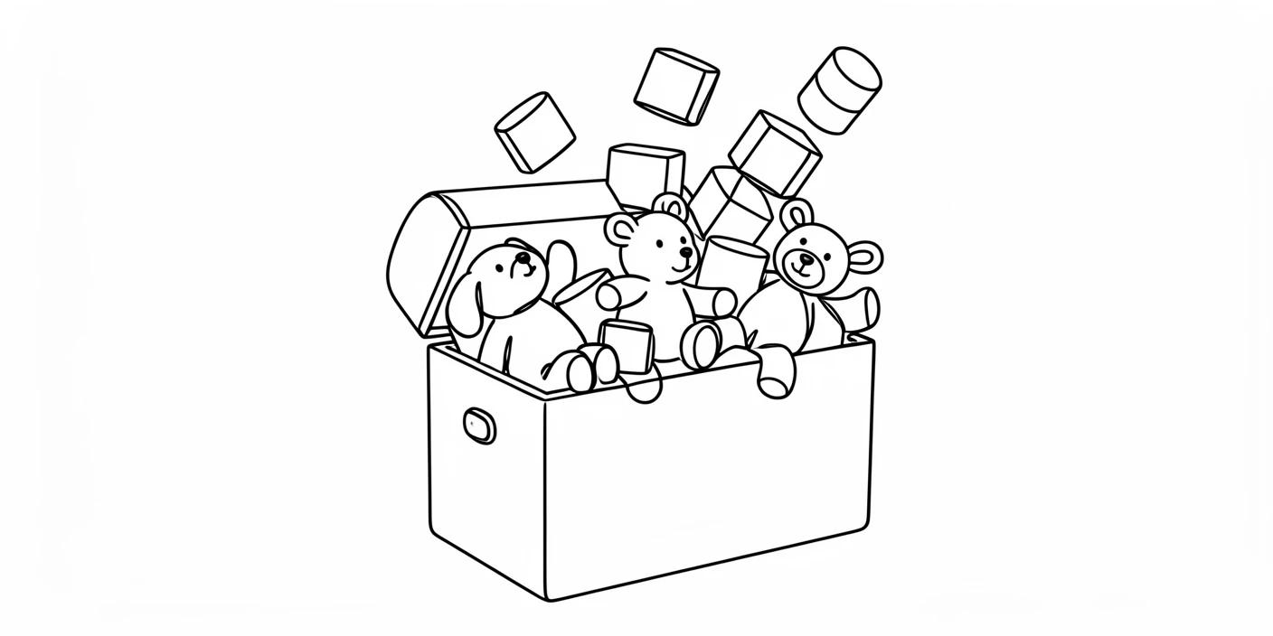 A child's toy chest overflowing with wooden blocks and stuffed animals
