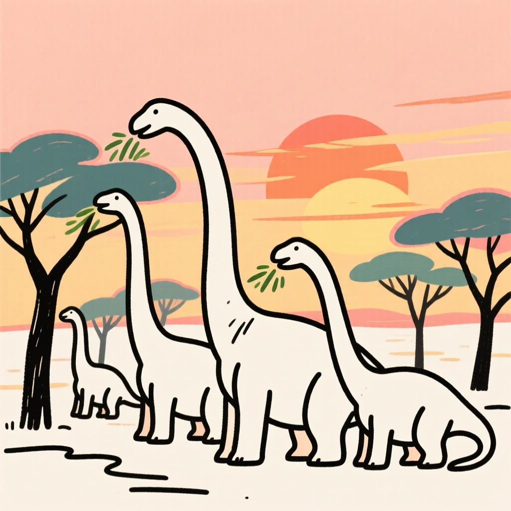A herd of long-necked Brachiosaurus grazing on treetops at sunset.