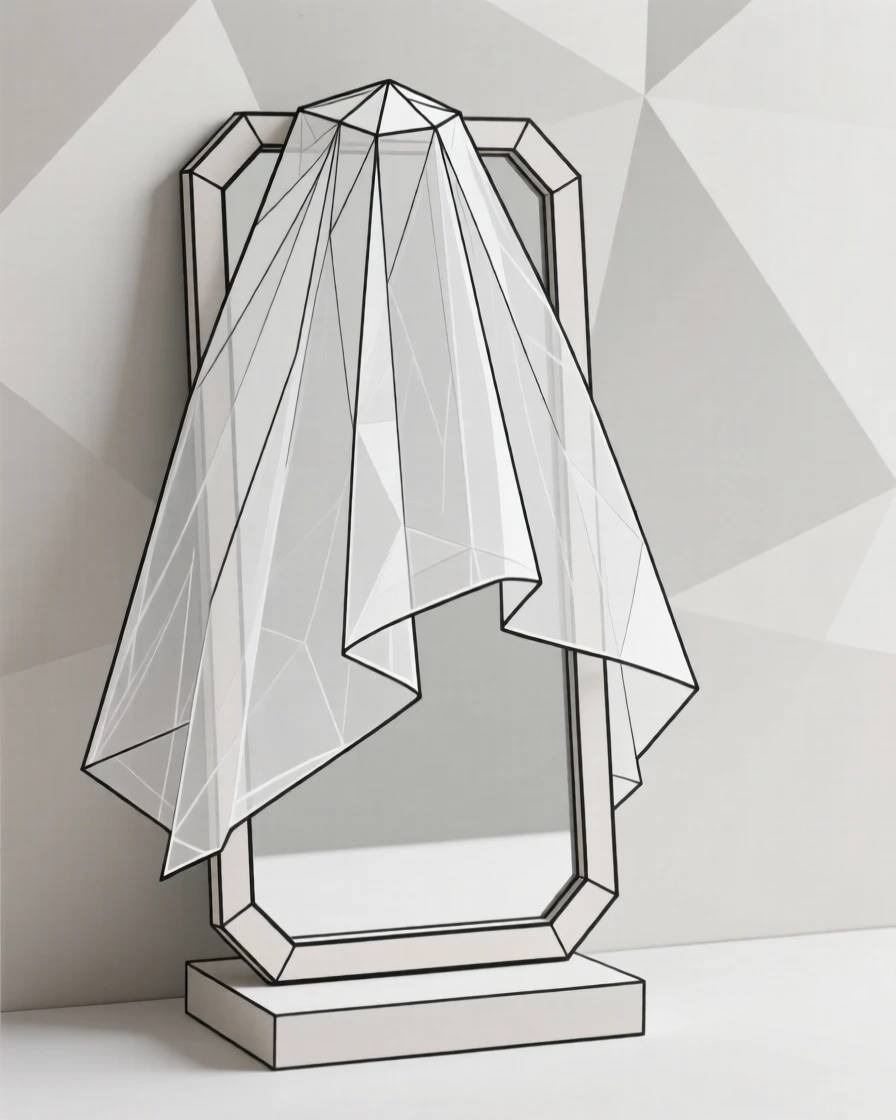 A traditional wedding veil draped over a mirror