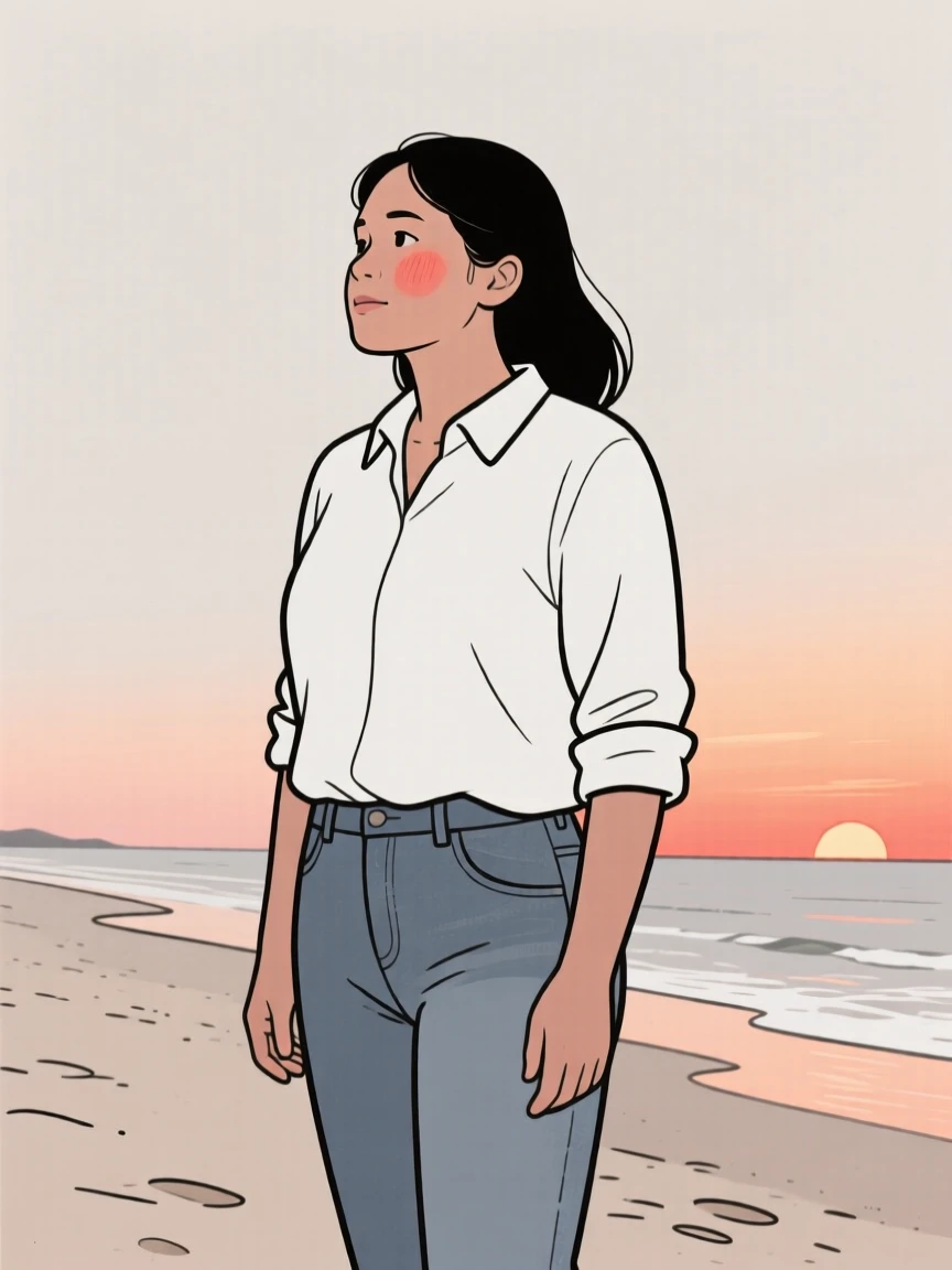 A mother of Peruvian heritage in a crisp white shirt and jeans, gazing thoughtfully into the distance, on a sandy beach at sunset.