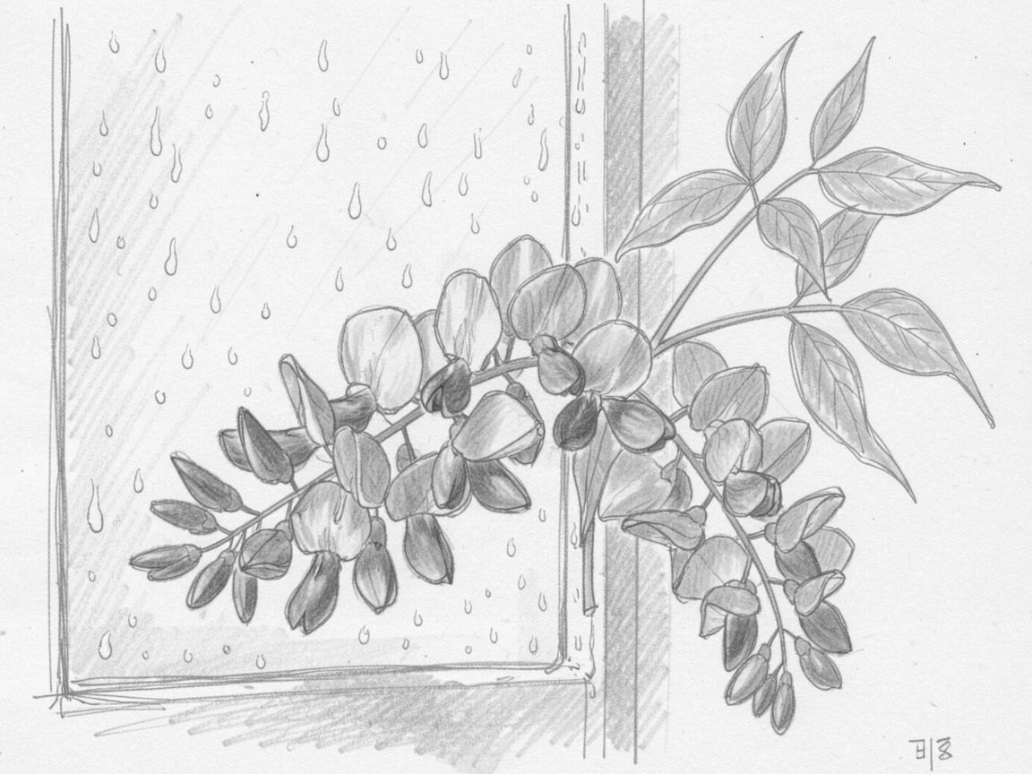 A sprig of purple wisteria against a rain-speckled window, framed by delicate green leaves.