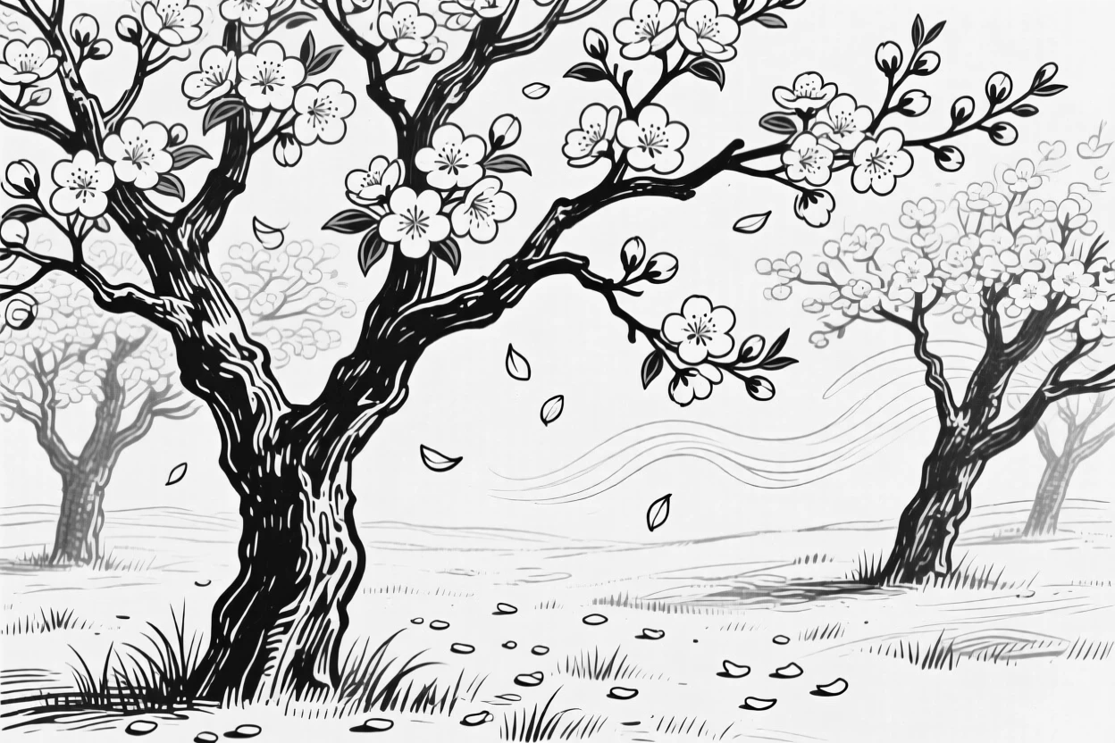 A blooming orchard of apple trees with petals catching the breeze.
