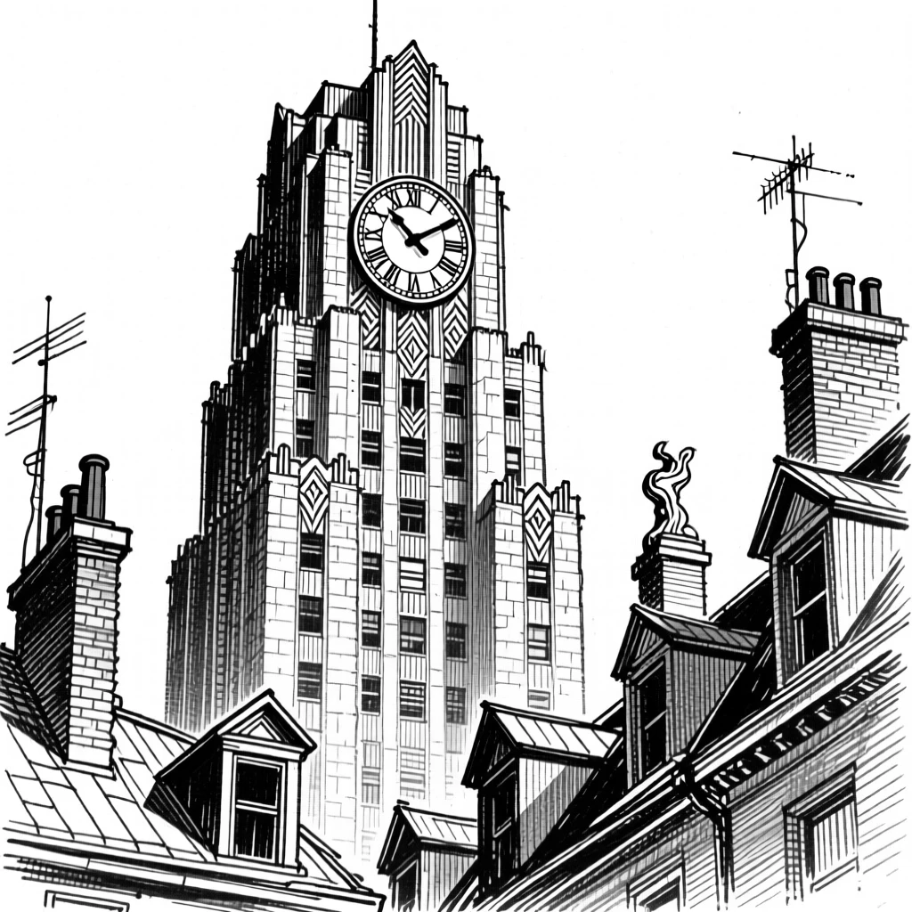 An art deco skyscraper facade framed by surrounding rooftops, featuring a clock tower rising above the rooftops, rendered in a rich with history architectural composition.