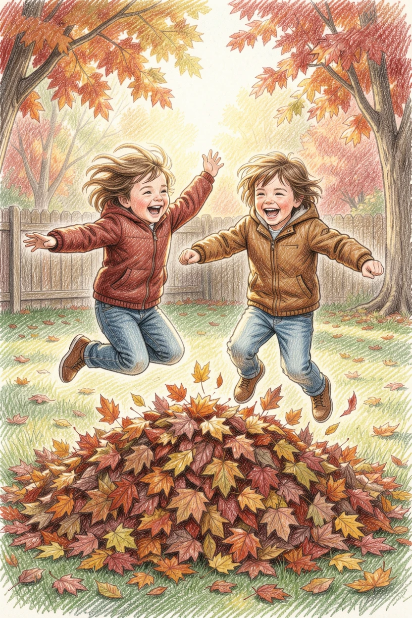 Siblings jumping into a pile of raked autumn leaves, with warm, golden light capturing the joy of the moment, celebrating the simple magic of everyday family moments.