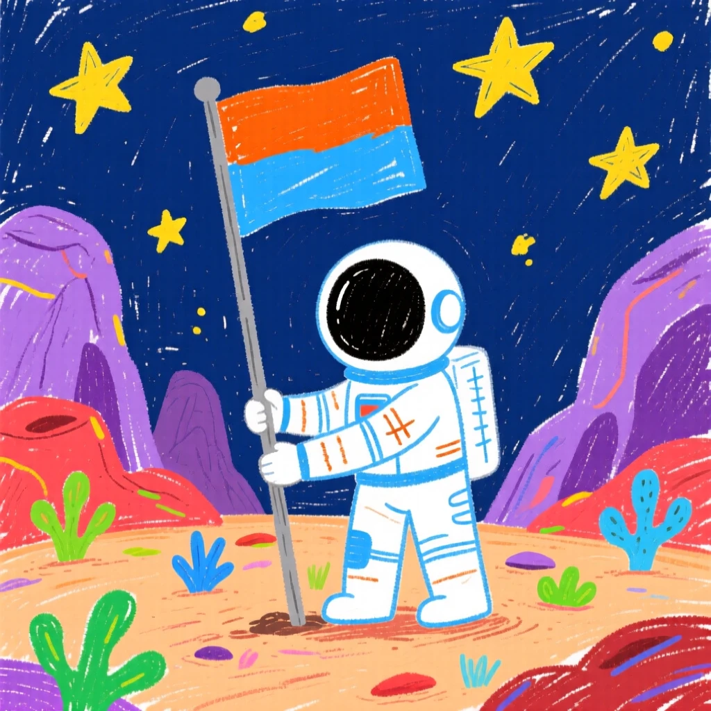 An astronaut planting a flag on a rocky alien landscape.